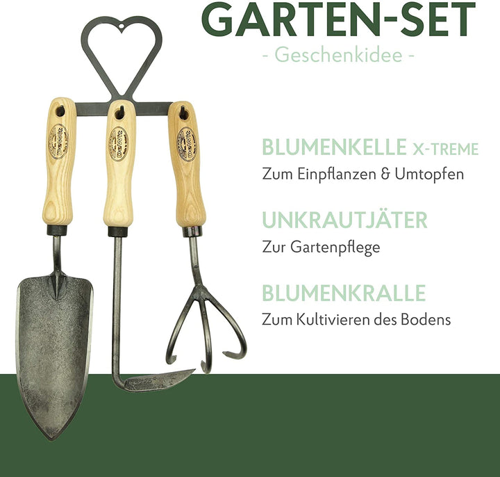 DeWit Gartenwerkzeug-Set 4-teilig: geschmiedete Blumenkelle, Unkraut-Jäter, Blumenkralle & Werkzeug-Hacke in Herzform