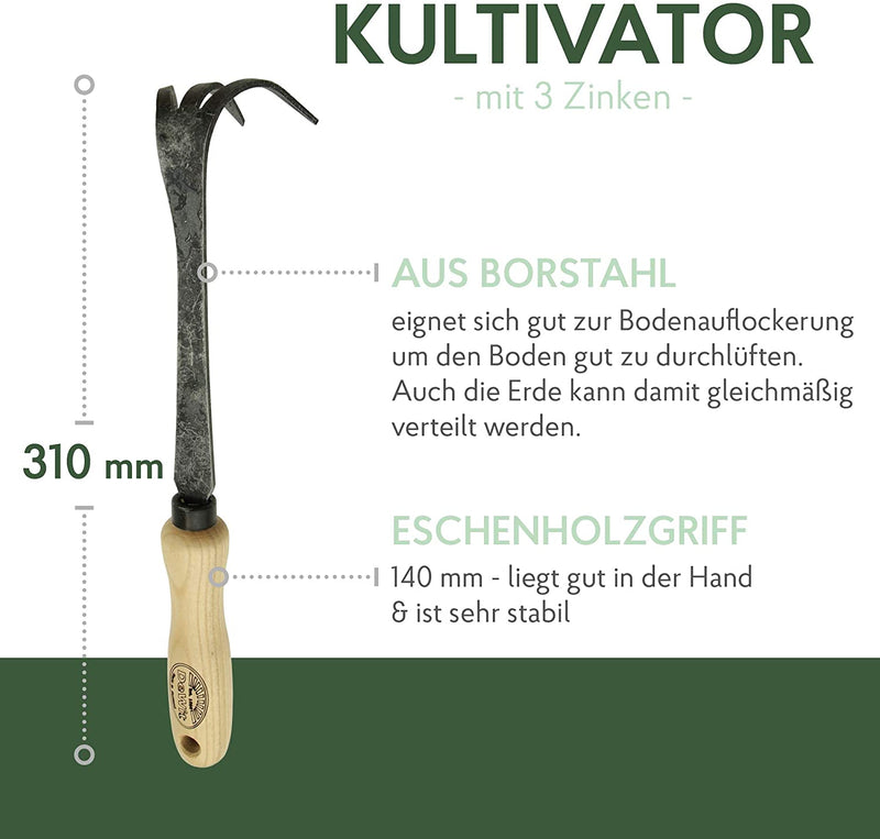 DeWit Hand-Kultivator 31 cm I Profi Grubber aus Borstahl mit 3 Zinken