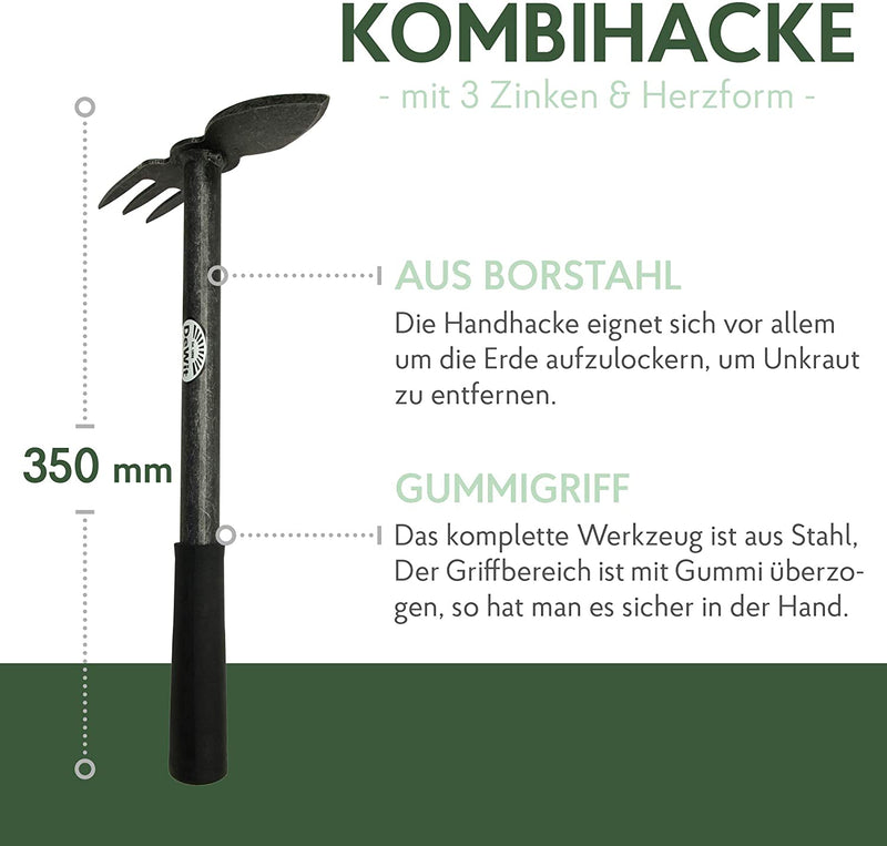 DeWit Kombi-Hacke aus Borstahl mit 3 Zinken 35 cm I Profi Gartenhacke I Premium Gartenzubehör zum Unkraut entfernen & Bodenlockern