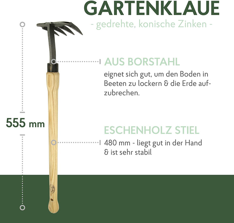 DeWit Garten-Klaue 55,5 cm I Profi Grubber aus geschmiedetem Borstahl mit 4 gedrehten, konischen Zinken