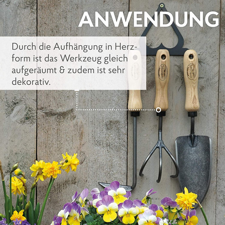 DeWit Gartenwerkzeug-Set 4-teilig: geschmiedete Blumenkelle, Unkraut-Jäter, Blumenkralle & Werkzeug-Hacke in Herzform